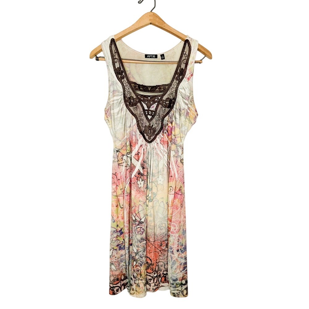 Vintage Y2K APT 9 Sleeveless Abstract Print Lace Detail Dress Medium M Fairycore